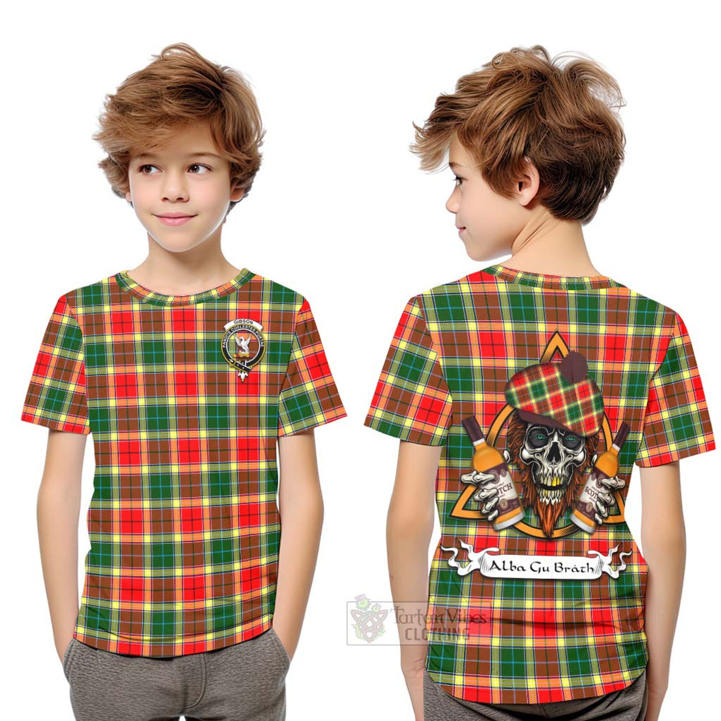 Tartan Vibes Clothing Gibson (Gibbs or Gibsone) Tartan Kid T-Shirt with Family Crest and Bearded Skull Holding Bottles of Whiskey