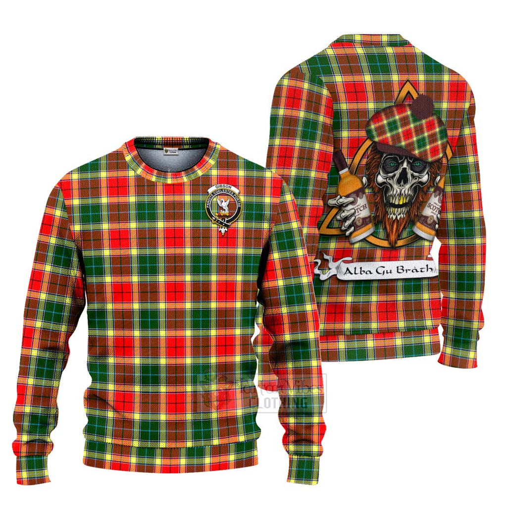 Tartan Vibes Clothing Gibson (Gibbs or Gibsone) Tartan Knitted Sweater with Family Crest and Bearded Skull Holding Bottles of Whiskey