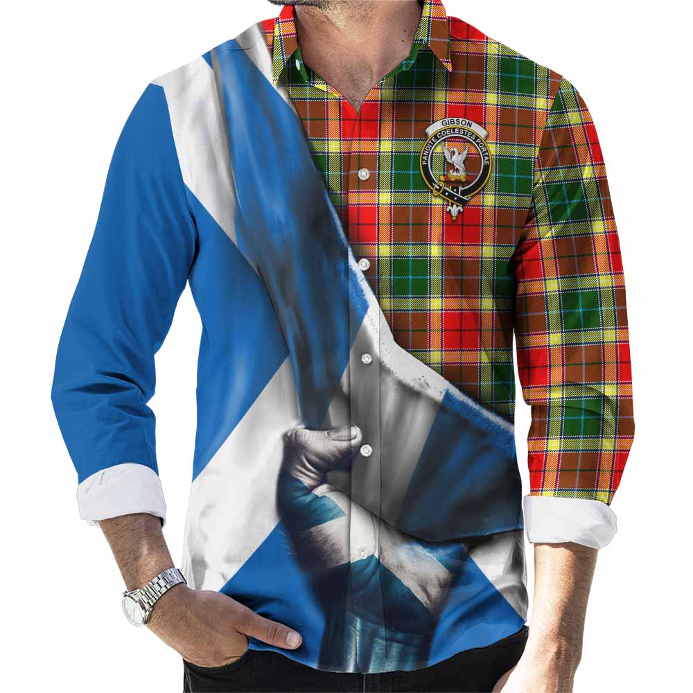 Tartan Vibes Clothing Gibson (Gibbs or Gibsone) Tartan Long Sleeve Button Shirt with Family Crest Scotland Patriotic Style