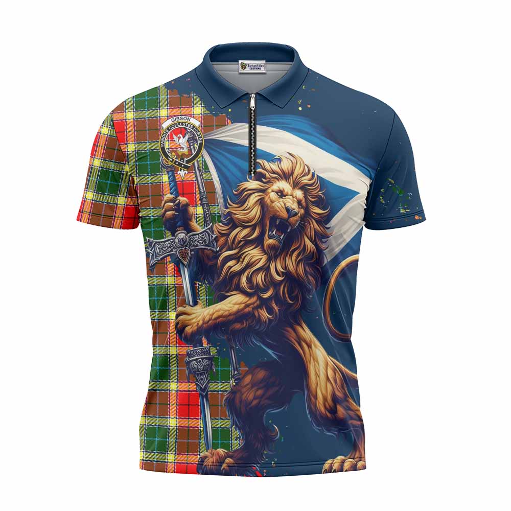 Tartan Vibes Clothing Gibson (Gibbs or Gibsone) Tartan Family Crest Zipper Polo Shirt with Scottish Majestic Lion