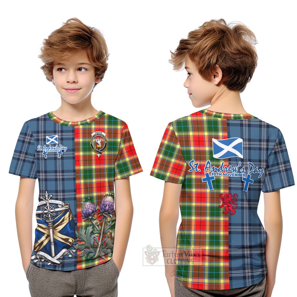 Tartan Vibes Clothing Gibson (Gibbs or Gibsone) Tartan Kid T-Shirt Happy St. Andrew's Day Half Tartan Style