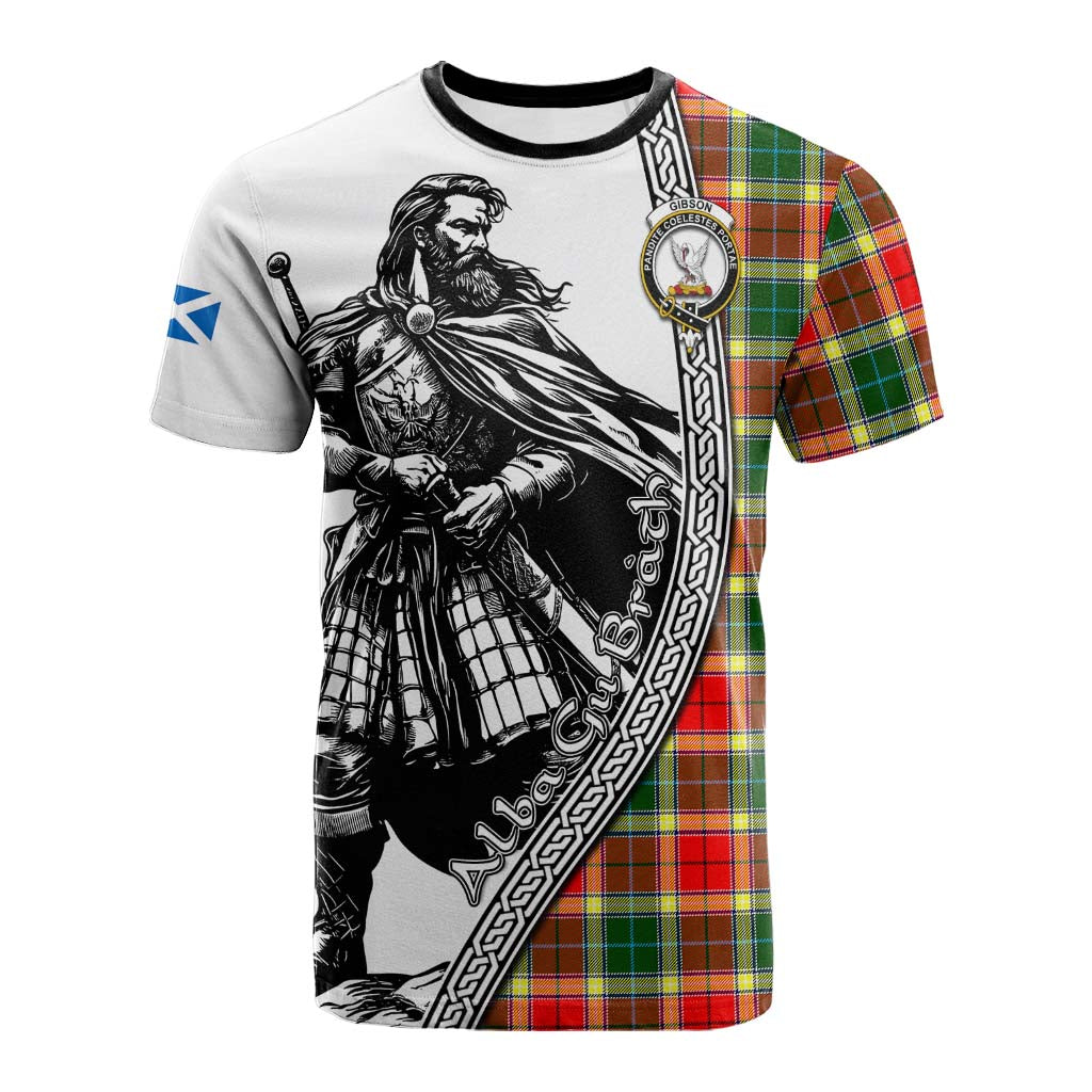 Gibson (Gibbs or Gibsone) Tartan Clan Crest Cotton T-shirt with Highlander Warrior Celtic Style