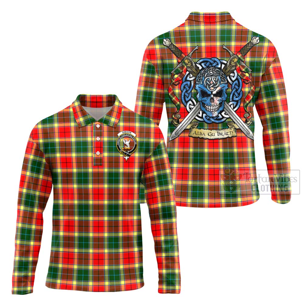 Tartan Vibes Clothing Gibson (Gibbs or Gibsone) Tartan Long Sleeve Polo Shirt with Family Crest Celtic Skull Style