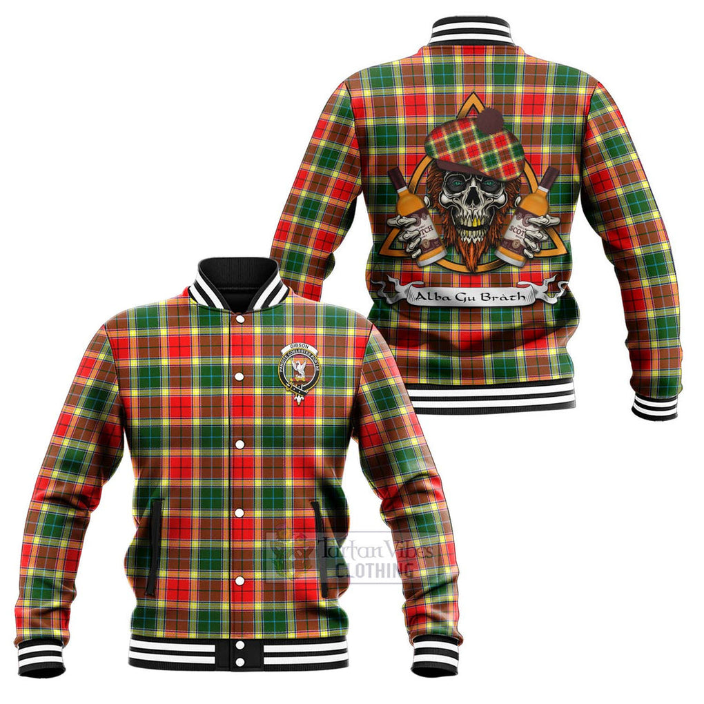 Tartan Vibes Clothing Gibson (Gibbs or Gibsone) Tartan Baseball Jacket with Family Crest and Bearded Skull Holding Bottles of Whiskey