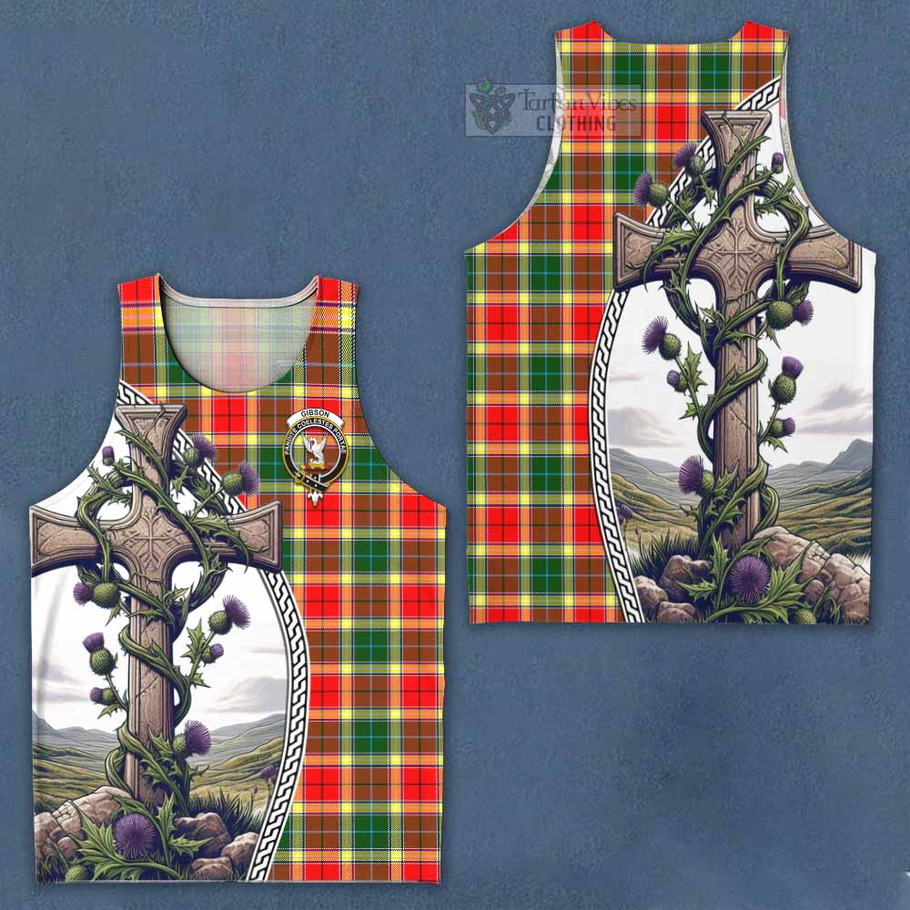 Tartan Vibes Clothing Gibson (Gibbs or Gibsone) Tartan Men's Tank Top with Family Crest and St. Andrew's Cross Accented by Thistle Vines