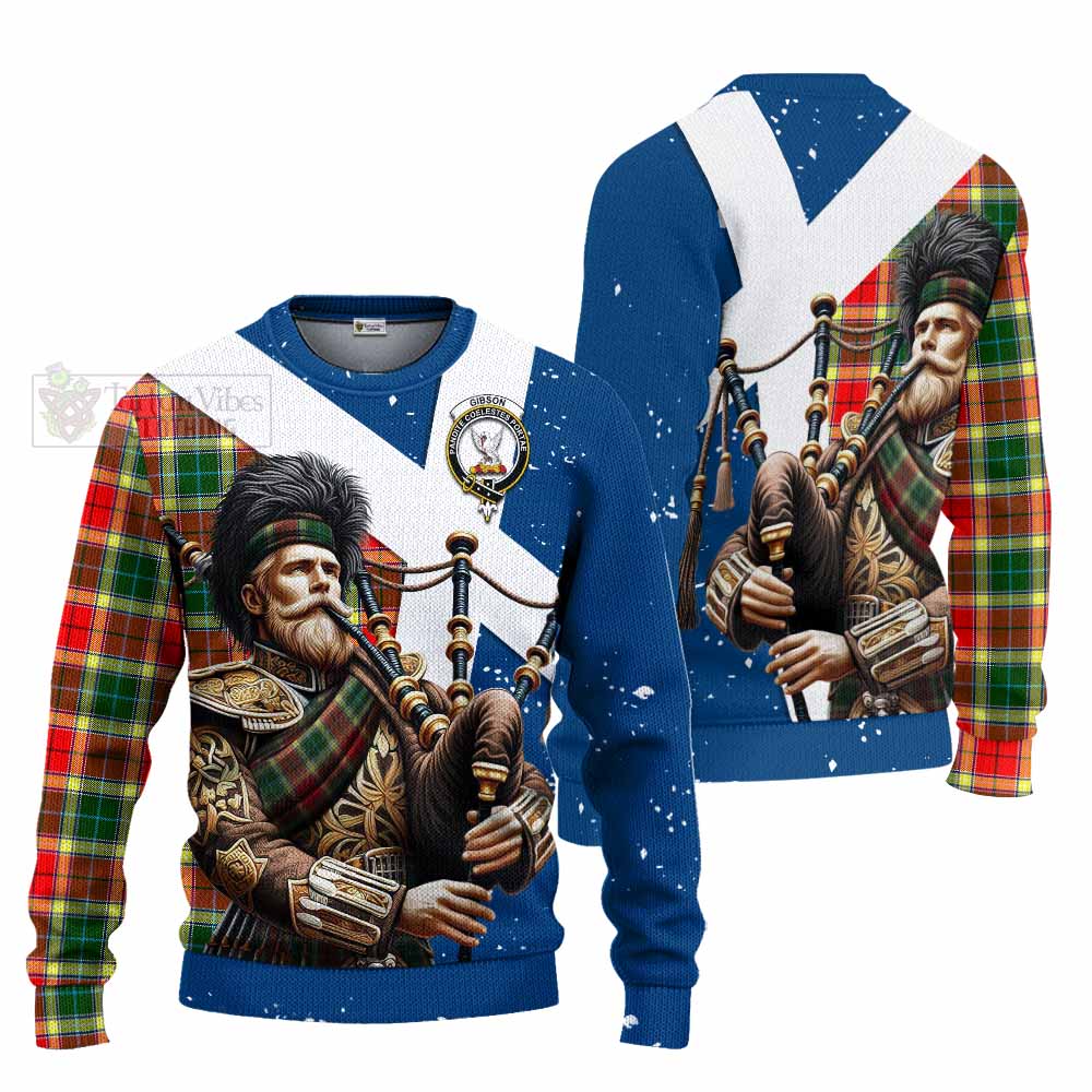 Tartan Vibes Clothing Gibson (Gibbs or Gibsone) Tartan Knitted Sweater with Family Crest Scottish Bagpiper Vibes