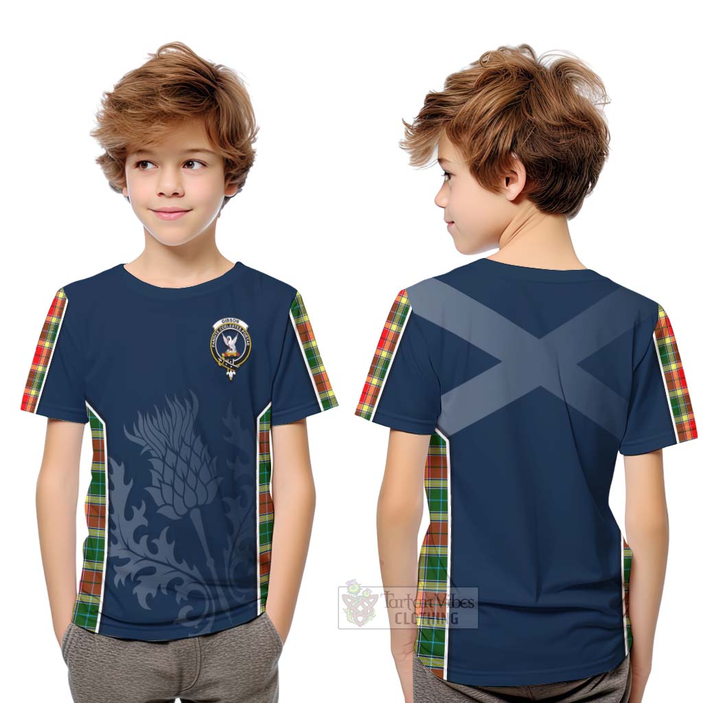 Tartan Vibes Clothing Gibson (Gibbs or Gibsone) Tartan Kid T-Shirt with Family Crest and Scottish Thistle Vibes Sport Style