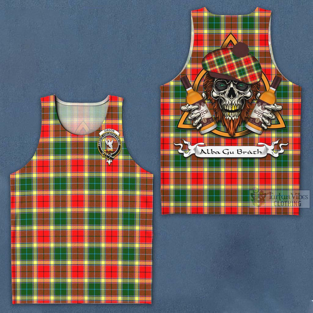 Tartan Vibes Clothing Gibson (Gibbs or Gibsone) Tartan Men's Tank Top with Family Crest and Bearded Skull Holding Bottles of Whiskey