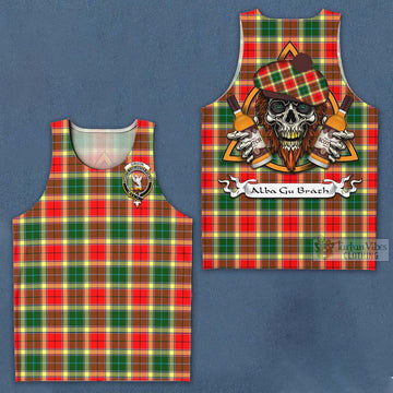 Gibson (Gibbs or Gibsone) Tartan Men's Tank Top with Family Crest and Bearded Skull Holding Bottles of Whiskey