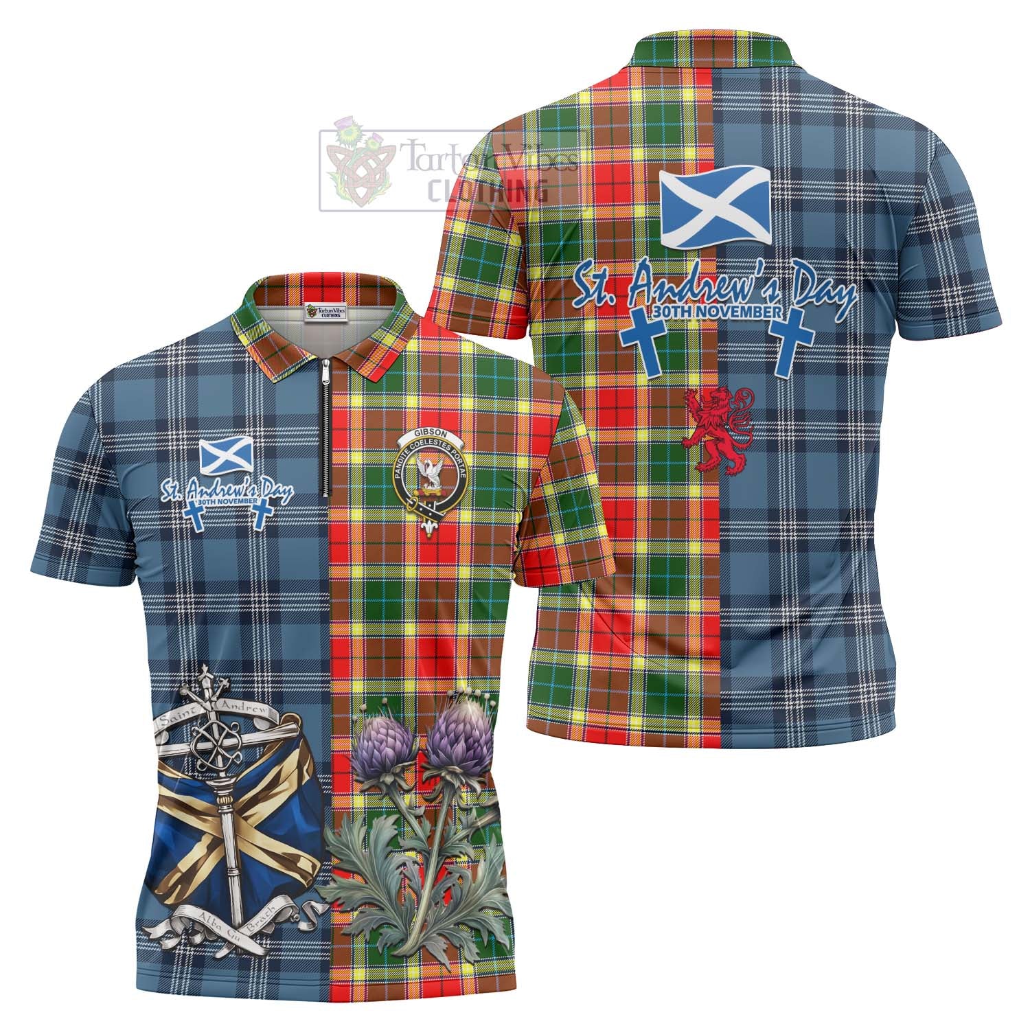 Tartan Vibes Clothing Gibson (Gibbs or Gibsone) Tartan Zipper Polo Shirt Happy St. Andrew's Day Half Tartan Style