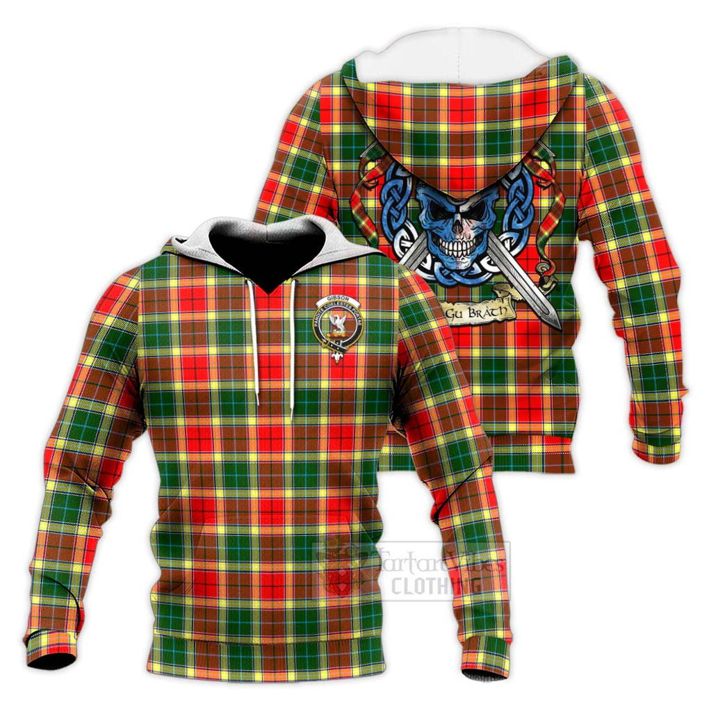 Tartan Vibes Clothing Gibson (Gibbs or Gibsone) Tartan Knitted Hoodie with Family Crest Celtic Skull Style