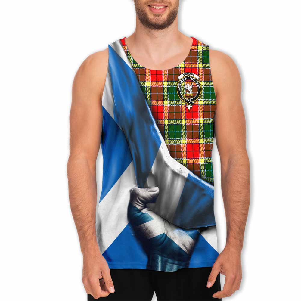 Tartan Vibes Clothing Gibson (Gibbs or Gibsone) Tartan Men's Tank Top with Family Crest Scotland Patriotic Style