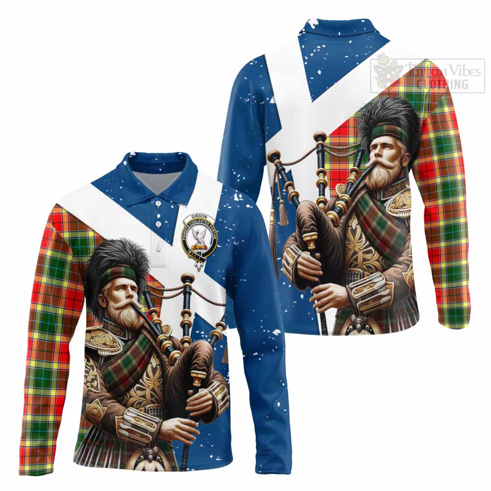 Tartan Vibes Clothing Gibson (Gibbs or Gibsone) Tartan Long Sleeve Polo Shirt with Family Crest Scottish Bagpiper Vibes