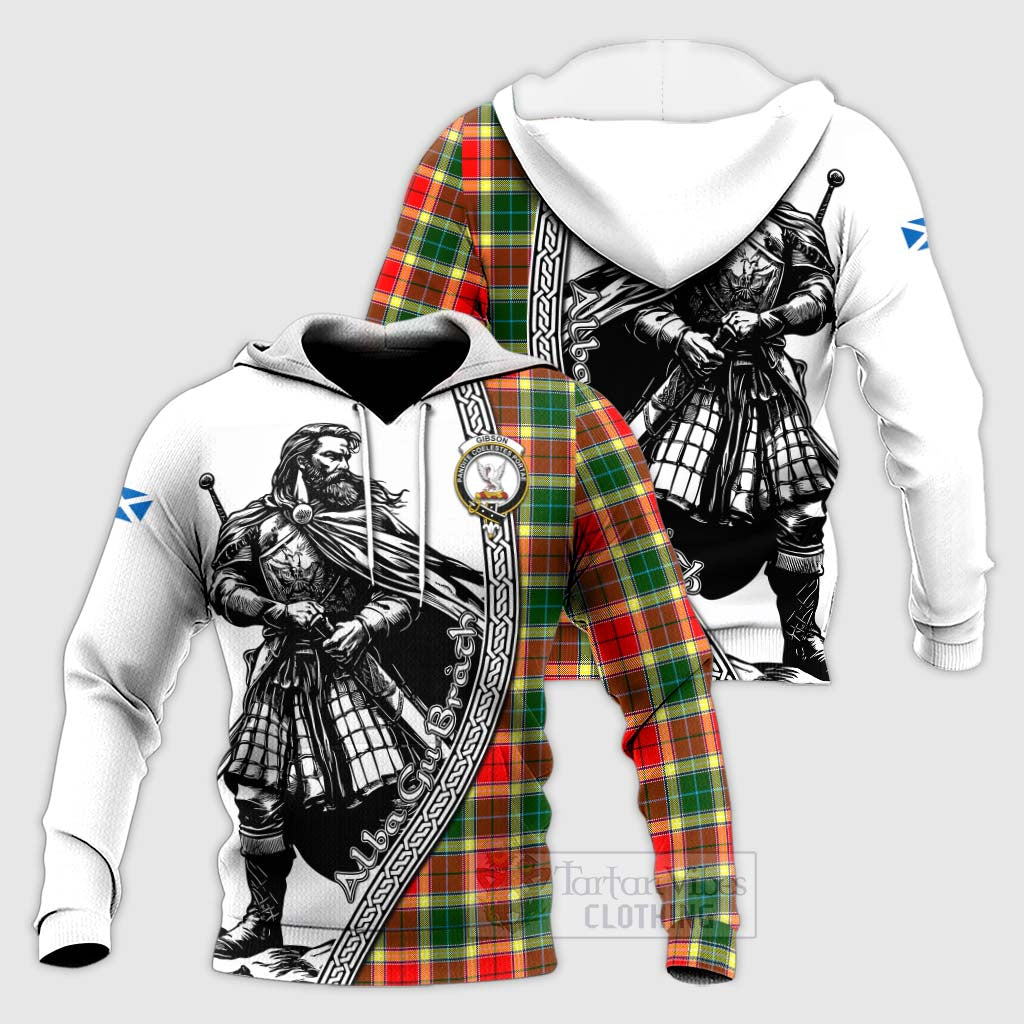 Tartan Vibes Clothing Gibson (Gibbs or Gibsone) Tartan Clan Crest Knitted Hoodie with Highlander Warrior Celtic Style