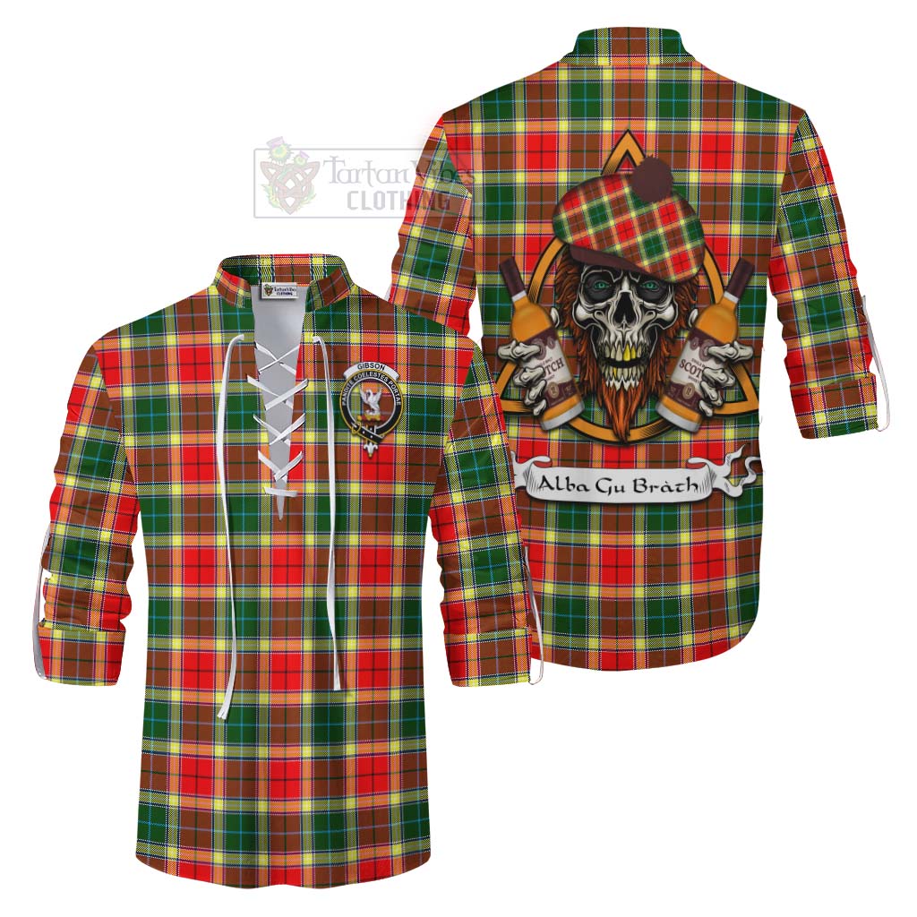 Tartan Vibes Clothing Gibson (Gibbs or Gibsone) Tartan Ghillie Kilt Shirt with Family Crest and Bearded Skull Holding Bottles of Whiskey