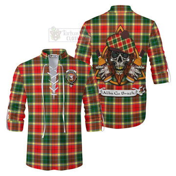 Gibson (Gibbs or Gibsone) Tartan Ghillie Kilt Shirt with Family Crest and Bearded Skull Holding Bottles of Whiskey