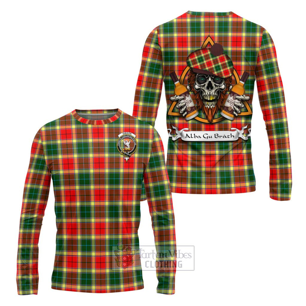 Tartan Vibes Clothing Gibson (Gibbs or Gibsone) Tartan Long Sleeve T-Shirt with Family Crest and Bearded Skull Holding Bottles of Whiskey