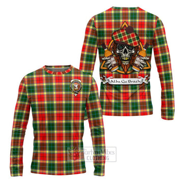 Gibson (Gibbs or Gibsone) Tartan Long Sleeve T-Shirt with Family Crest and Bearded Skull Holding Bottles of Whiskey