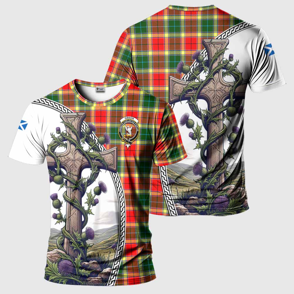 Tartan Vibes Clothing Gibson (Gibbs or Gibsone) Agnew Tartan T-Shirt with Family Crest and St. Andrew's Cross Accented by Thistle Vines