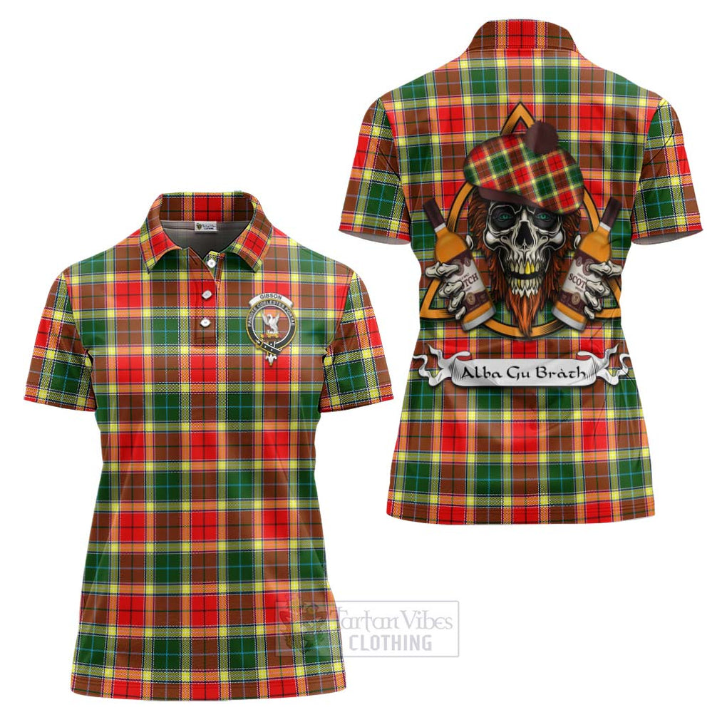 Tartan Vibes Clothing Gibson (Gibbs or Gibsone) Tartan Women's Polo Shirt with Family Crest and Bearded Skull Holding Bottles of Whiskey