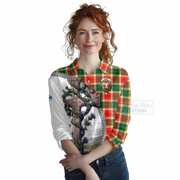 Gibson (Gibbs or Gibsone) Tartan Women's Casual Shirt with Family Crest and St. Andrew's Cross Accented by Thistle Vines