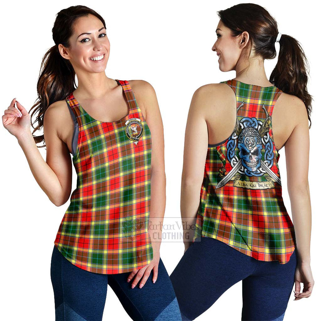 Tartan Vibes Clothing Gibson (Gibbs or Gibsone) Tartan Women's Racerback Tanks with Family Crest Celtic Skull Style