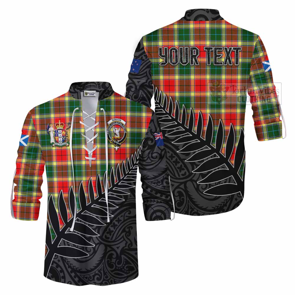 Tartan Vibes Clothing Gibson (Gibbs or Gibsone) Crest Tartan Ghillie Kilt Shirt with New Zealand Silver Fern Half Style