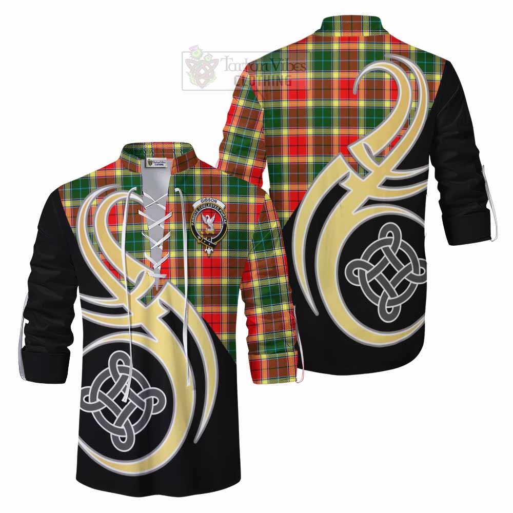 Tartan Vibes Clothing Gibson (Gibbs or Gibsone) Tartan Ghillie Kilt Shirt with Family Crest and Celtic Symbol Style