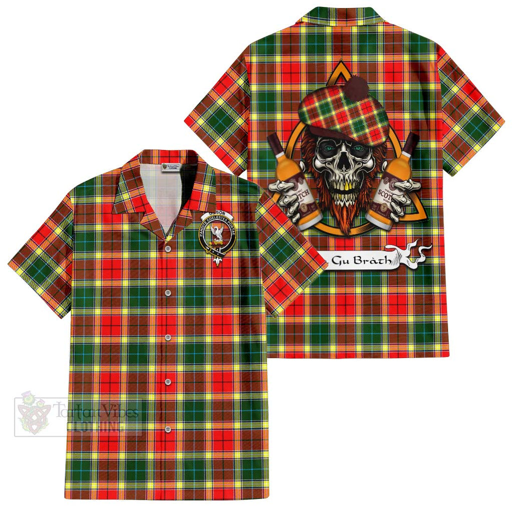 Tartan Vibes Clothing Gibson (Gibbs or Gibsone) Tartan Short Sleeve Button Shirt with Family Crest and Bearded Skull Holding Bottles of Whiskey