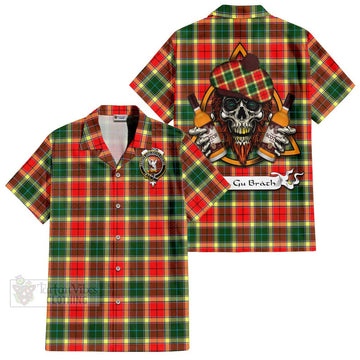 Gibson (Gibbs or Gibsone) Tartan Short Sleeve Button Shirt with Family Crest and Bearded Skull Holding Bottles of Whiskey