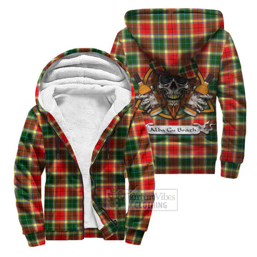 Gibson (Gibbs or Gibsone) Tartan Sherpa Hoodie with Family Crest and Bearded Skull Holding Bottles of Whiskey