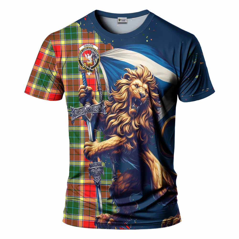 Tartan Vibes Clothing Gibson (Gibbs or Gibsone) Tartan Family Crest T-Shirt with Scottish Majestic Lion