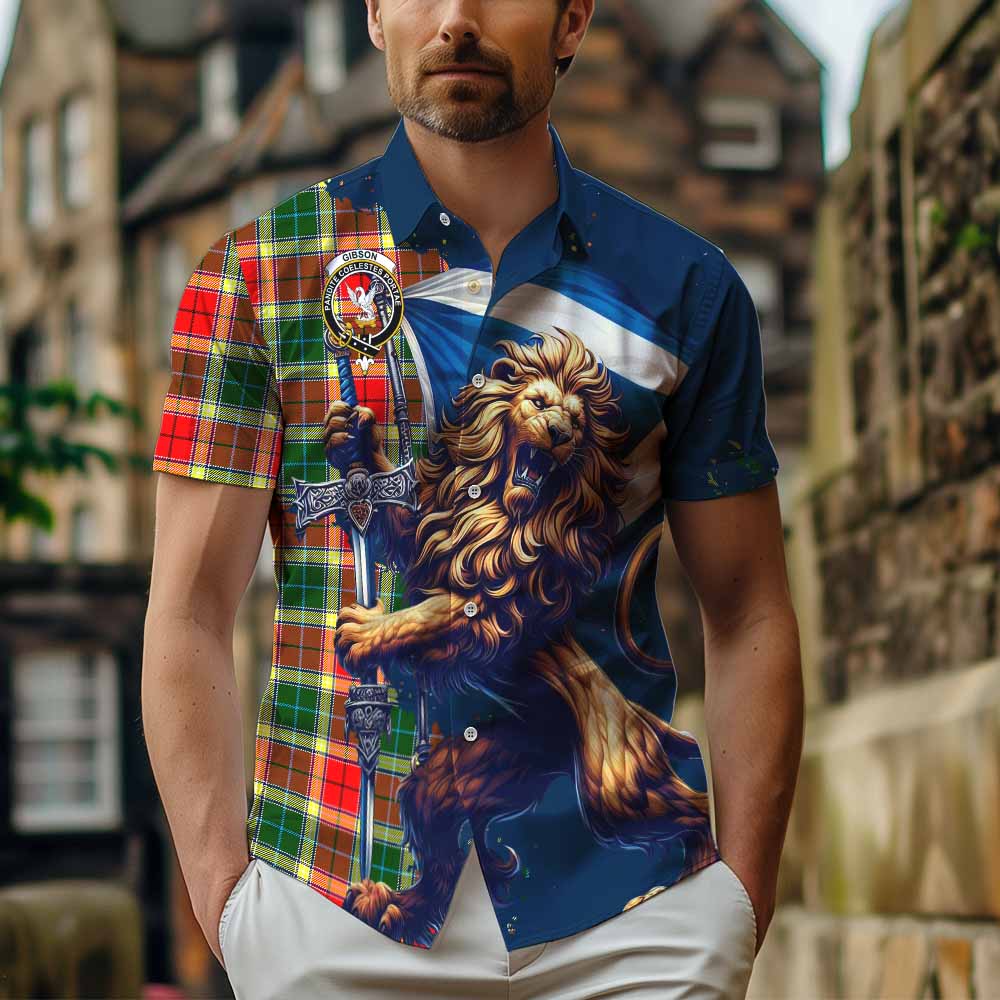 Tartan Vibes Clothing Gibson (Gibbs or Gibsone) Tartan Family Crest Short Sleeve Button Shirt with Scottish Majestic Lion