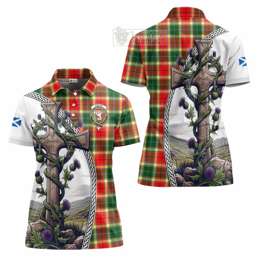 Tartan Vibes Clothing Gibson (Gibbs or Gibsone) Tartan Women's Polo Shirt with Family Crest and St. Andrew's Cross Accented by Thistle Vines