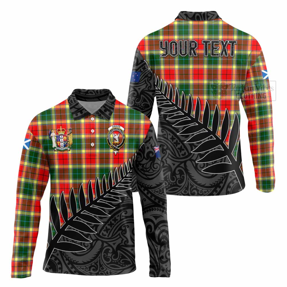 Tartan Vibes Clothing Gibson (Gibbs or Gibsone) Crest Tartan Long Sleeve Polo Shirt with New Zealand Silver Fern Half Style