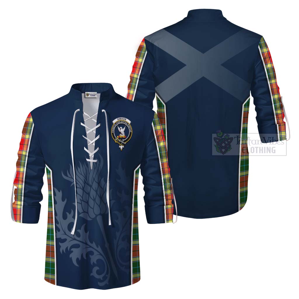 Tartan Vibes Clothing Gibson (Gibbs or Gibsone) Tartan Ghillie Kilt Shirt with Family Crest and Scottish Thistle Vibes Sport Style