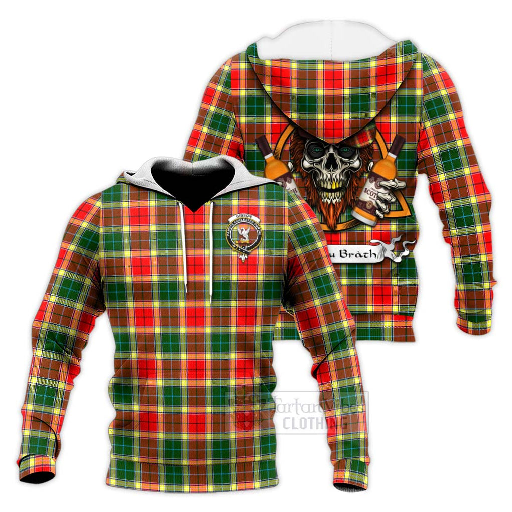 Tartan Vibes Clothing Gibson (Gibbs or Gibsone) Tartan Knitted Hoodie with Family Crest and Bearded Skull Holding Bottles of Whiskey