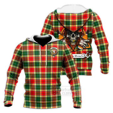 Gibson (Gibbs or Gibsone) Tartan Knitted Hoodie with Family Crest and Bearded Skull Holding Bottles of Whiskey