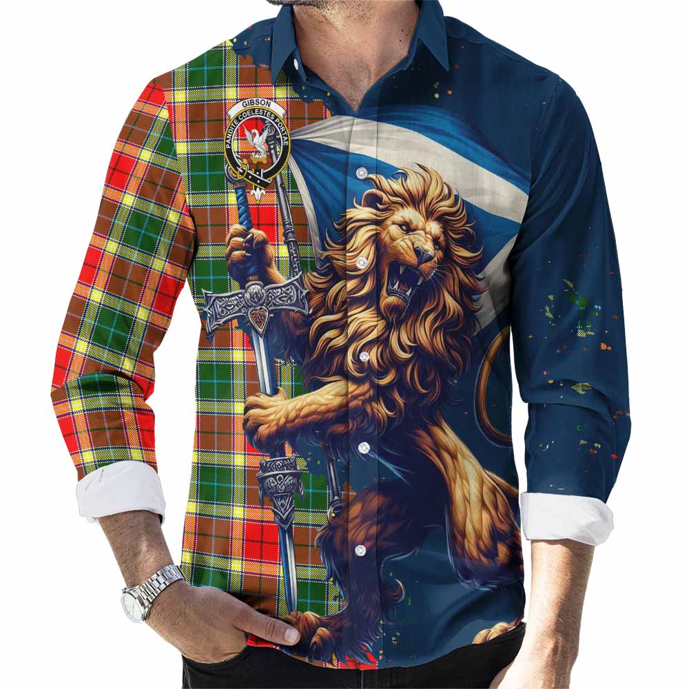 Tartan Vibes Clothing Gibson (Gibbs or Gibsone) Tartan Family Crest Long Sleeve Button Shirt with Scottish Majestic Lion