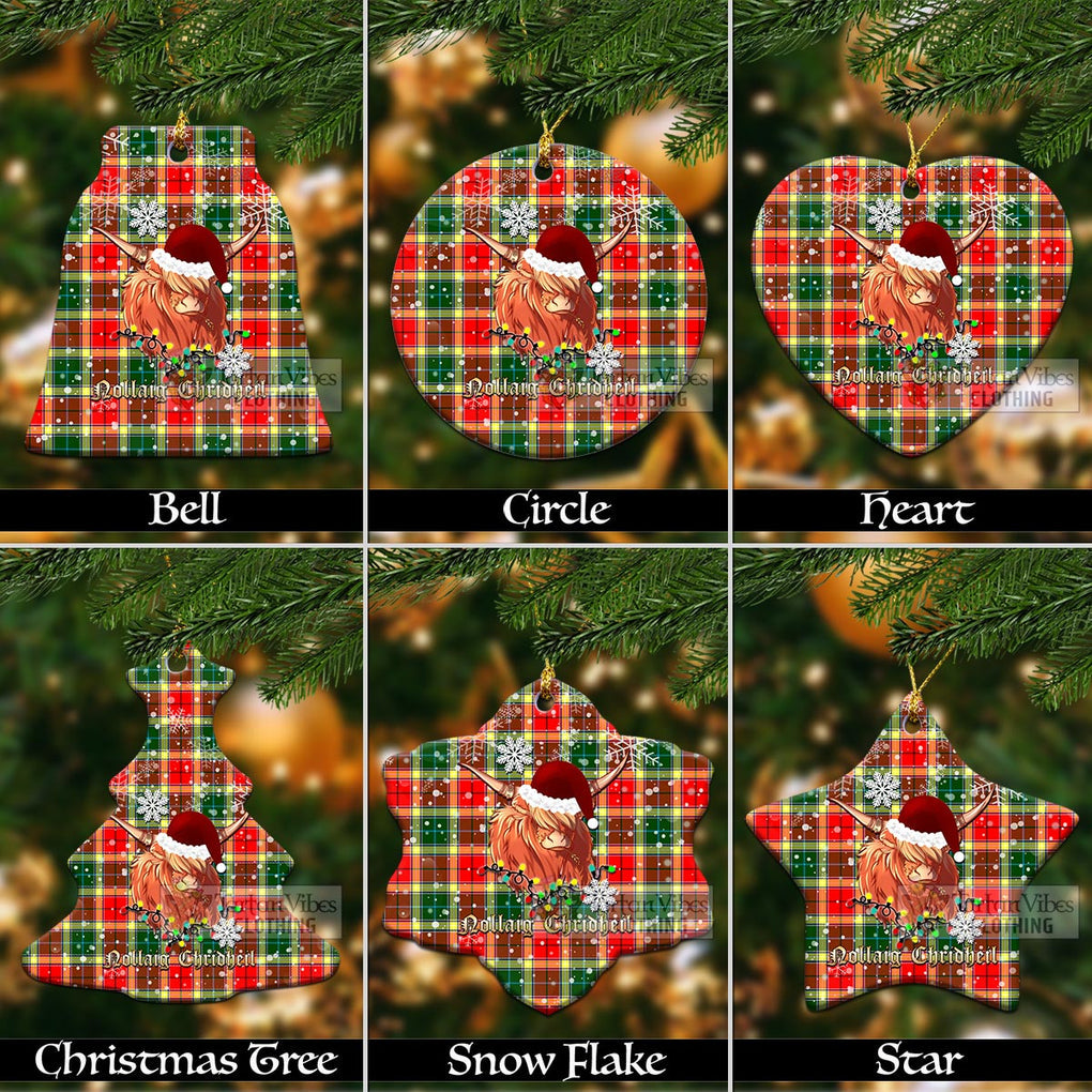 Tartan Vibes Clothing Gibson (Gibbs or Gibsone) Clan Tartan Ornament with Christmas Twinkle Highland Cattle