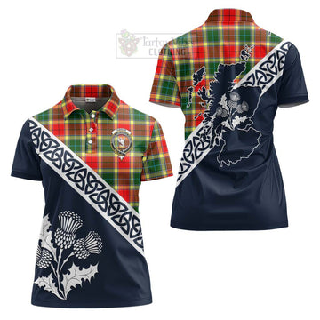 Gibson (Gibbs or Gibsone) Tartan Women's Polo Shirt Featuring Thistle and Scotland Map