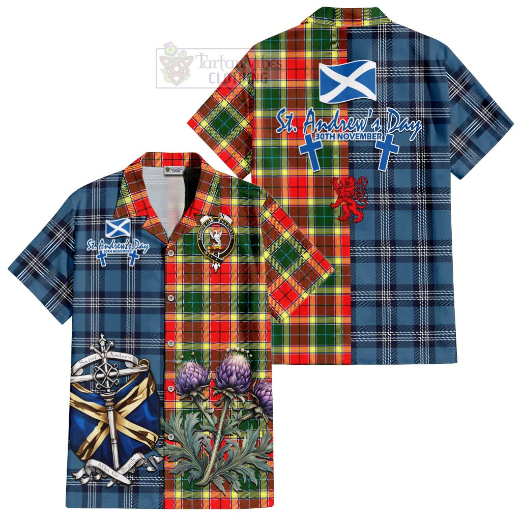 Tartan Vibes Clothing Gibson (Gibbs or Gibsone) Tartan Short Sleeve Button Shirt Happy St. Andrew's Day Half Tartan Style