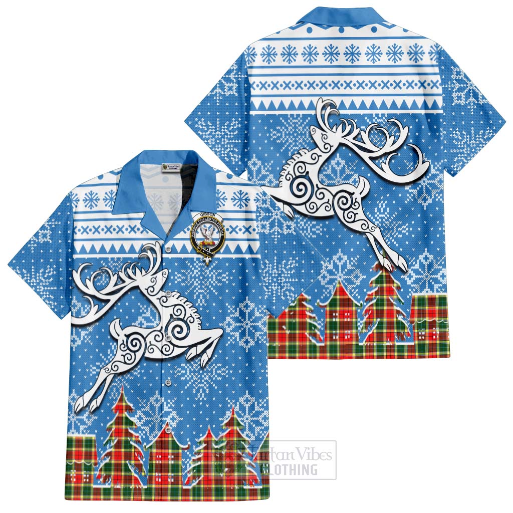 Tartan Vibes Clothing Gibson (Gibbs or Gibsone) Clan Christmas Short Sleeve Button Shirt Celtic Reindeer Style