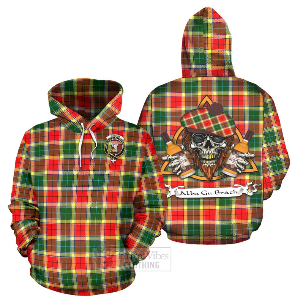 Tartan Vibes Clothing Gibson (Gibbs or Gibsone) Tartan Hoodie with Family Crest and Bearded Skull Holding Bottles of Whiskey