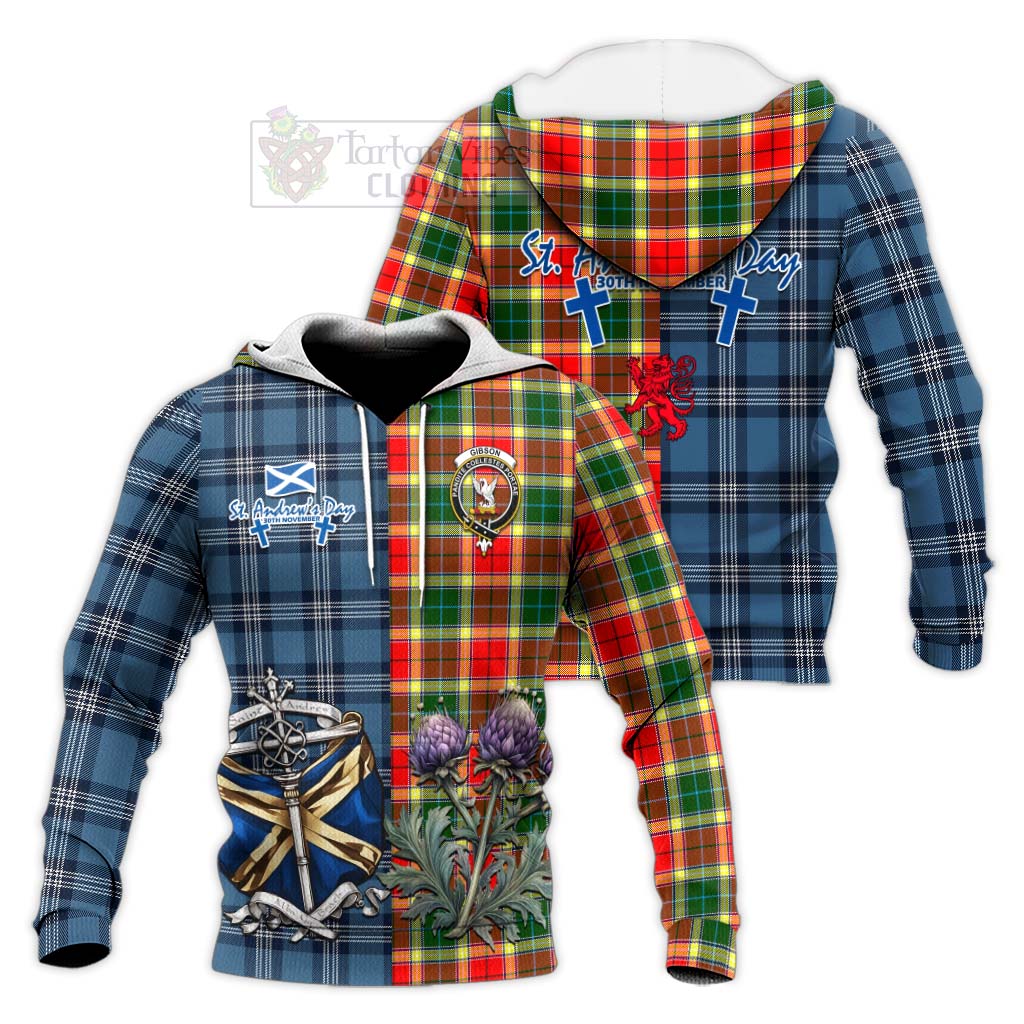 Tartan Vibes Clothing Gibson (Gibbs or Gibsone) Tartan Knitted Hoodie Happy St. Andrew's Day Half Tartan Style