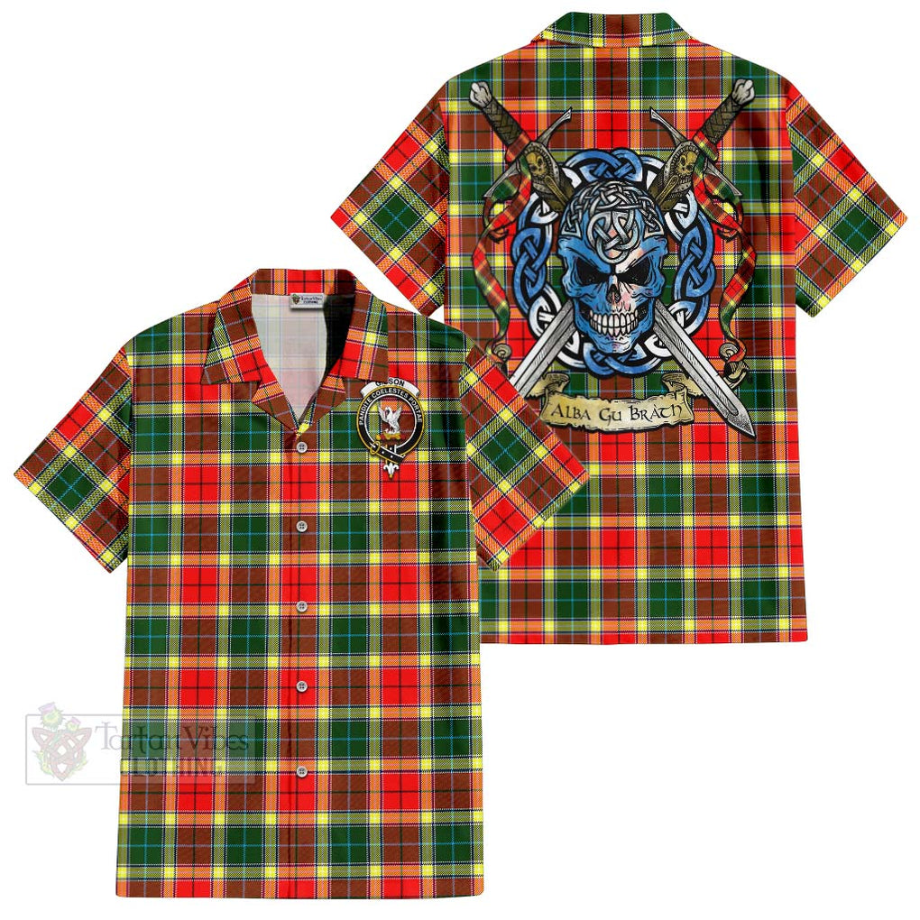 Tartan Vibes Clothing Gibson (Gibbs or Gibsone) Tartan Short Sleeve Button Shirt with Family Crest Celtic Skull Style