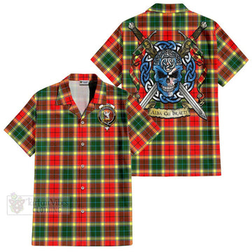 Gibson (Gibbs or Gibsone) Tartan Short Sleeve Button Shirt with Family Crest Celtic Skull Style