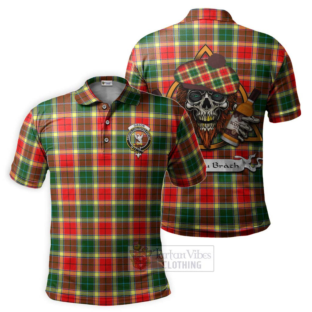 Tartan Vibes Clothing Gibson (Gibbs or Gibsone) Tartan Polo Shirt with Family Crest and Bearded Skull Holding Bottles of Whiskey