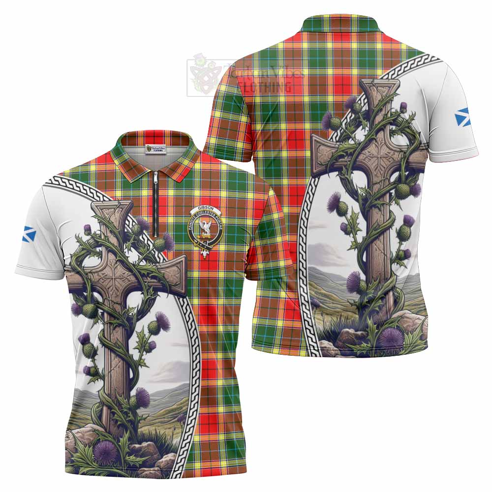 Tartan Vibes Clothing Gibson (Gibbs or Gibsone) Tartan Zipper Polo Shirt with Family Crest and St. Andrew's Cross Accented by Thistle Vines