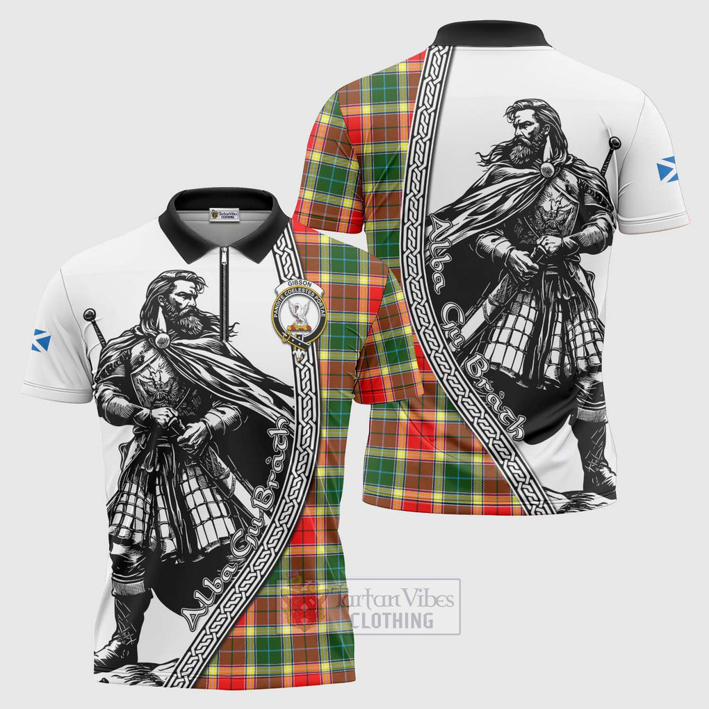 Tartan Vibes Clothing Gibson (Gibbs or Gibsone) Tartan Clan Crest Zipper Polo Shirt with Highlander Warrior Celtic Style